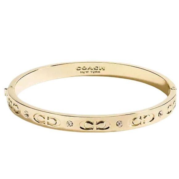 Coach Signature Hinged Gold Bangle Womens Causal Rhinestone Bracelet New - Picture 4 of 4